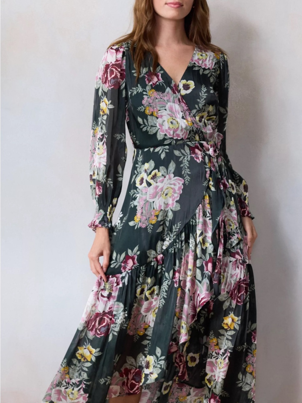LC Lauren Conrad Dark Green Floral Wrap Midi Dress with Pink & Yellow Blooms